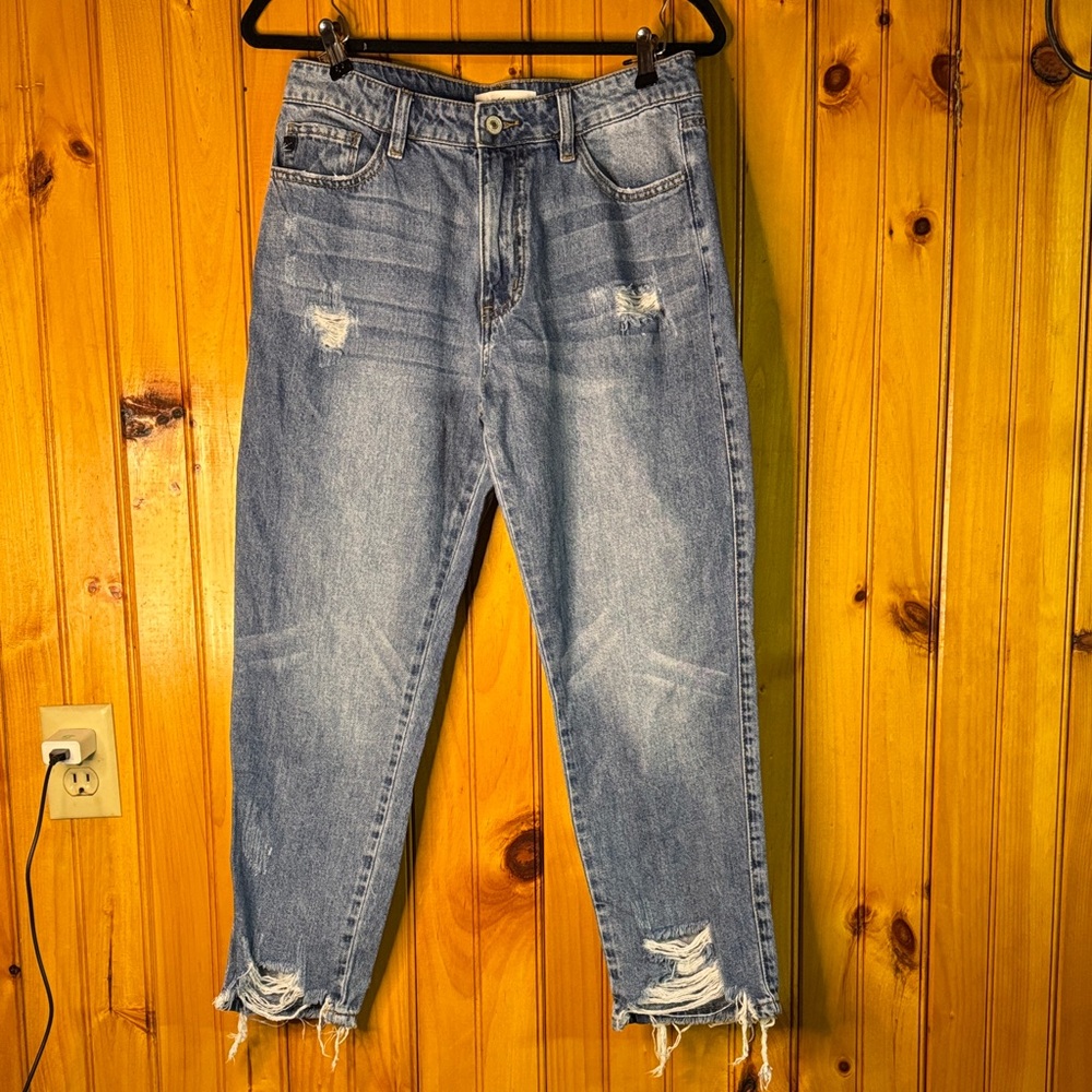KanCan Women's Straight Leg Distressed Blue Jeans with Frayed Hem